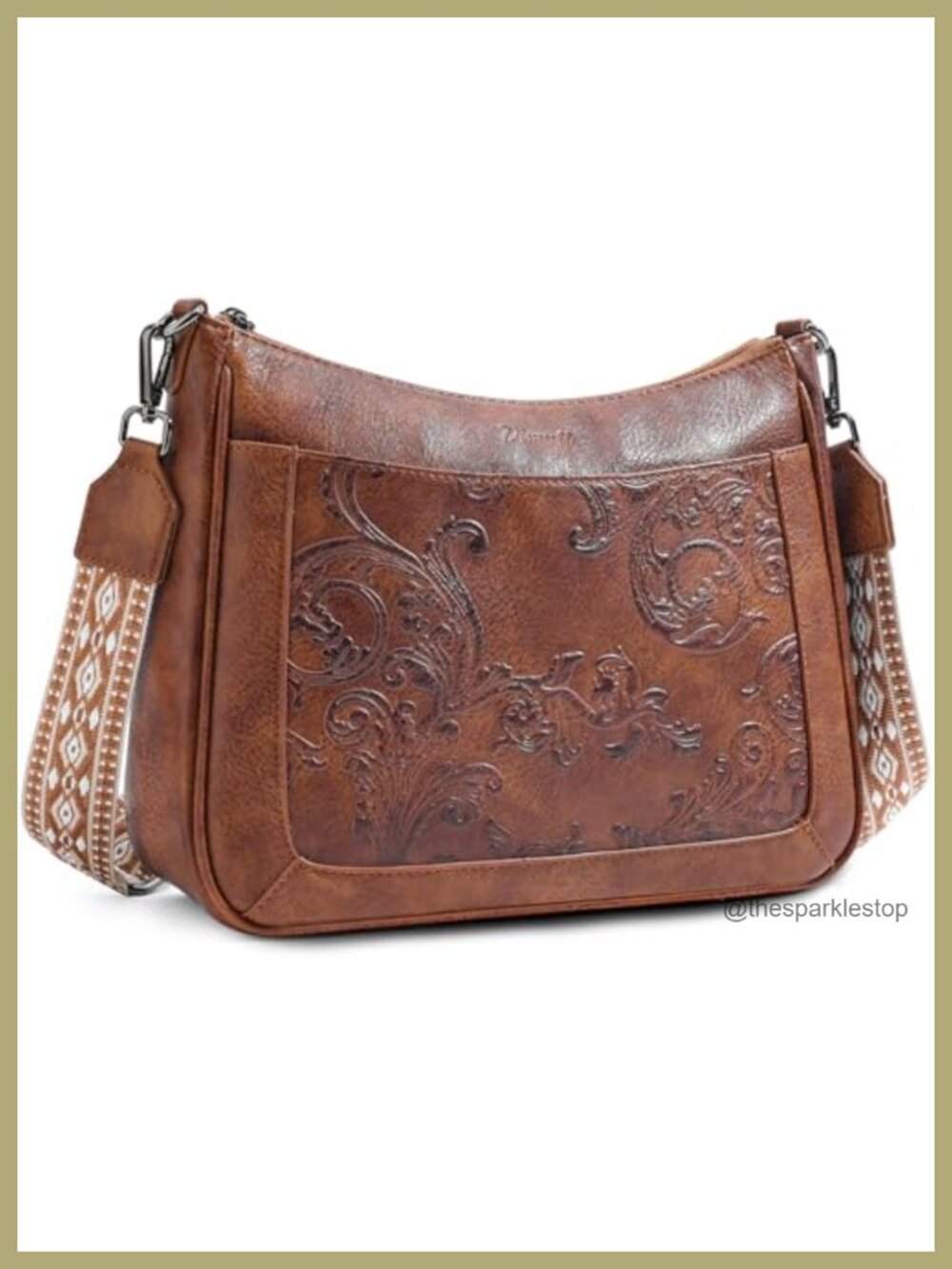 Vegan Leather Embossed Floral Crossbody Bag Detachable Strap